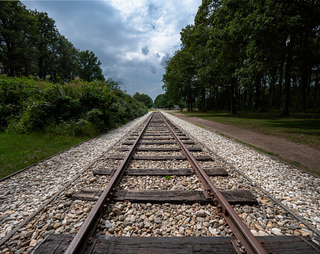 Auschwitz, Poland; October 212017:Trains tracks to Auschwitz-Birkenau II, concentration camp.