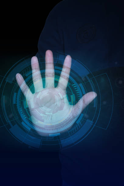 istock Futuristic biometric handprint scan with digital interface and cybernetic particles for secure access. 2020208452