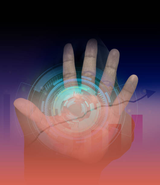 istock Open hand with futuristic holographic interface on abstract background Concept of modern technology. 2020208966