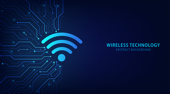 Wi Fi futuristic technology on a blue background., wireless networking innovation concept. Wifi symbol connection network people communication, Router or mobile transmission. Vector illustration.