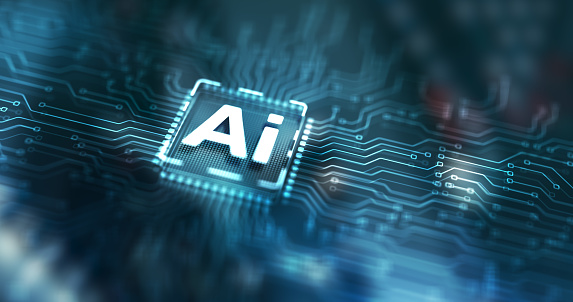 Artificial intelligence chip. Ai chipset on circuit board. Data center background.