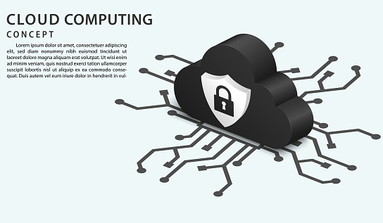 Isometric cloud technology and networking concept. Digital service or app with data transferring. Network datum servers, hosting server, database synchronize technology. Vector illustration