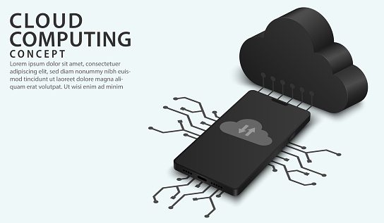 Isometric smartphone cloud technology and networking concept. Digital service or app with data transferring. Network datum servers, hosting server, database synchronize technology. Vector illustration