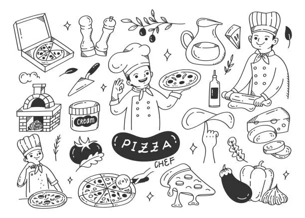 Vector illustration of Pizza maker with pizza ingredients doodle