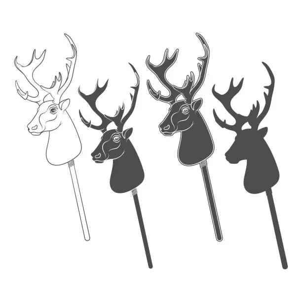 Vector illustration of Set of black and white illustrations with hobby horse deer toy on stick. Isolated vector objects.
