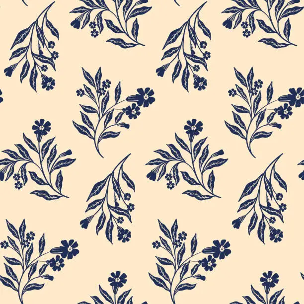 Vector illustration of Seamless floral pattern, decorative art flower design in two colors: blue silhouettes of flowers, branches, leaves. Vector illustration.