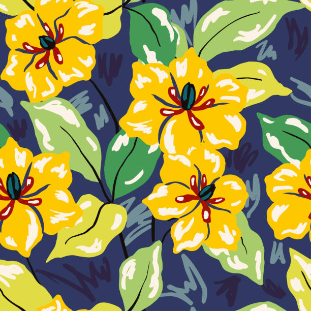 istock Seamless floral pattern, flower design: large yellow lily flowers, leaves on a blue background. Vector illustration 2020260043