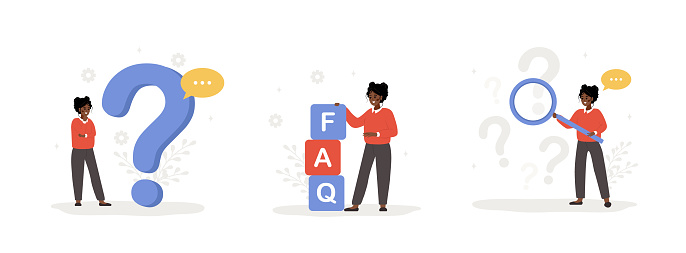 FAQ concept. African women ask questions and receive answers. Customer support. Set of vector illustrations in flat cartoon style. Perfect for Website menu bar, user interfaces or landing pages.