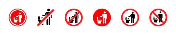 No throw paper or trash on toilet. Set of no toilet littering vector stickers. Prohibition, forbidden and warning signs for WC. No throw paper or trash on toilet. Set of no toilet littering vector stickers. Prohibition, forbidden and warning signs for WC. Rule for WC. throwing in the towel illustrations stock illustrations