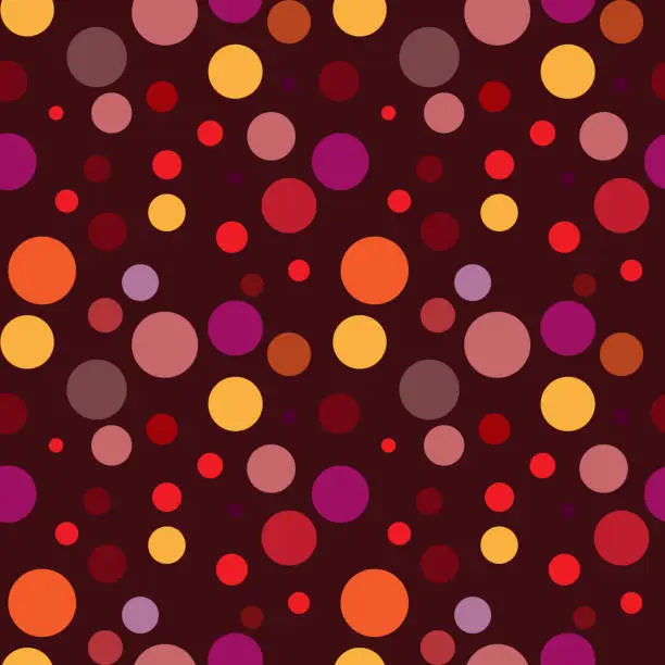 Vector illustration of colored circles on burgundy background, seamless pattern, simple design