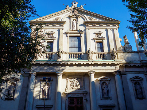Milan, Italy - November 5, 2023: Historic church in Sant Angelo square at Milan, Lombardy, Italy
