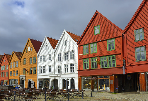 Historic colorful wooden buildings in Bryggen, the Hanseatic quarter dating back to the 14th century and a UNESCO World Heritage Site in central Bergen (Norway)