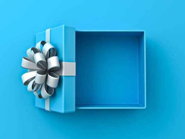 istock Blank blue gift box open or top view of blue present box tied with white ribbon bow isolated on blue background with shadow minimal conceptual 3D rendering 2020283673