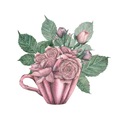 Watercolor composition of a porcelain cup cup with a pink bouquet of roses, isolated on a white background in vintage style. pink cup. Watercolor illustration. Template for the design of postcards.