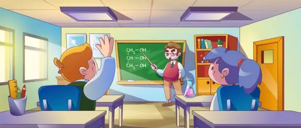 Vector illustration of Students and teacher in school chemistry classroom