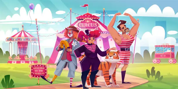 Vector illustration of Circus actors in theme park