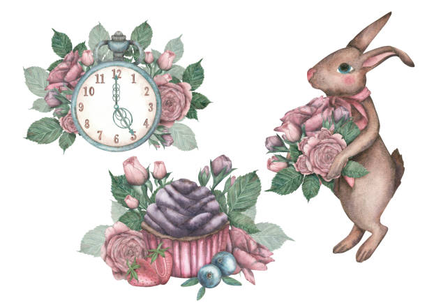 vintage zestaw kompozycji królika, babeczki, zegara i bukietu jasnoróżowych róż z zielenią. ilustracja akwarelowa, izoluj na białym tle. szablon do projektowania pocztówek - berry fruit blueberry floral pattern strawberry stock illustrations