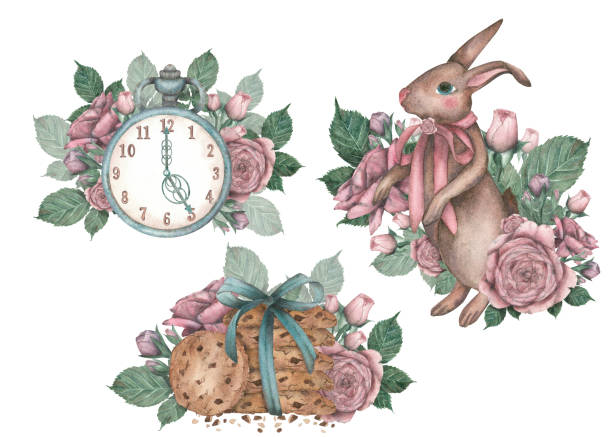 vintage zestaw kompozycji królika, ciasteczek, zegarków i bukietu jasnoróżowych róż z zielenią. ilustracja akwarelowa podświetlona na białym tle. szablon do projektowania pocztówek - berry fruit blueberry floral pattern strawberry stock illustrations