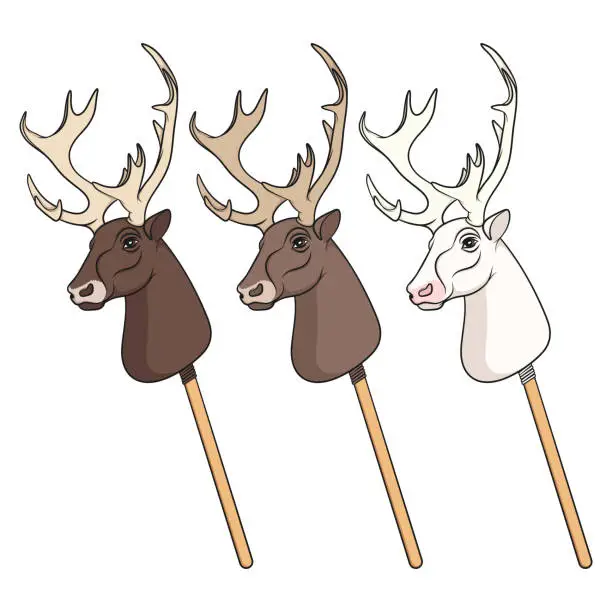 Vector illustration of Set of color illustrations with hobby horse deer toy on stick. Isolated vector objects.