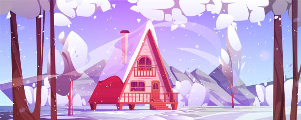 kreskówka zimowy śnieżny krajobraz z drewnianym domem - mountain landscape mountain peak small stock illustrations