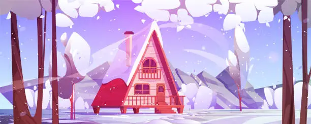 Vector illustration of Cartoon winter snowy landscape with wooden house