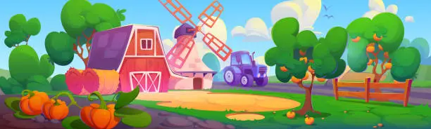 Vector illustration of Cartoon farm landscape with barn, mill and tractor