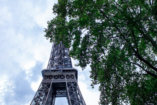 Paris, France. Monday 20 July 2020. Eiffel Tower behind a bus stop for Bosquet - Rapp