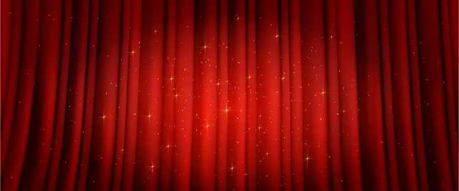Red curtain with light spot and golden sparkles. Vector realistic illustration of theater stage closed with shimmering fabric drapery, night show, concert or circus performance banner background