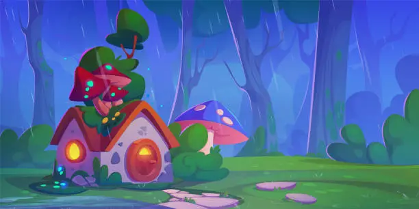 Vector illustration of Gnome house in rainy forest