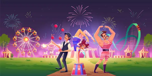 Vector illustration of Circus or carnival artists in amusement park