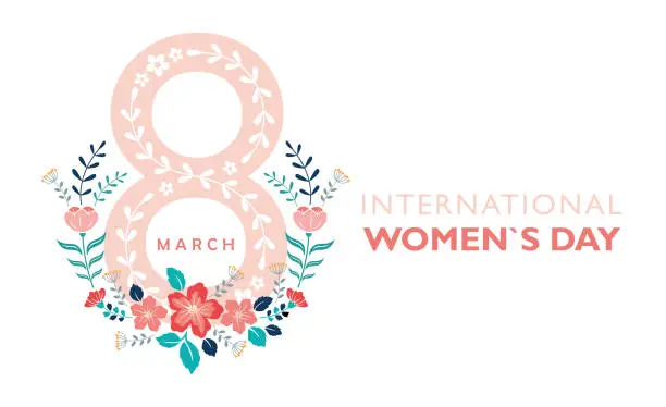 Vector illustration of International women`s day banner with 8 march floral logo on white background,vector illustratuon