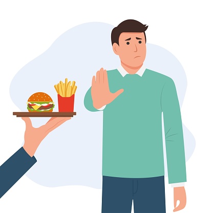 Man refuse fast food. Guyl showing stop hand sign for unhealthy,fat, high-calorie meals. Dieting and healthy lifestyle. Vector illustration