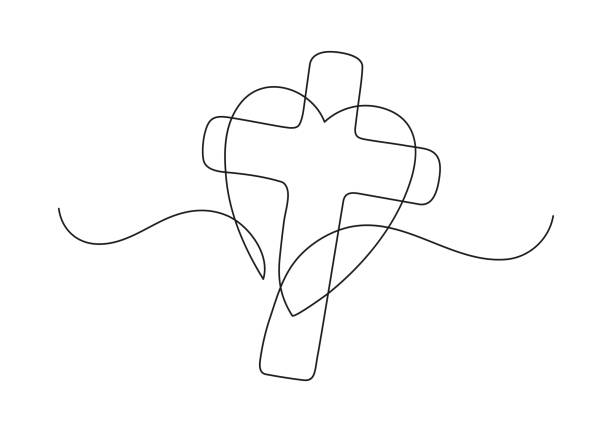 Christianity love. Christianity love. Heart and cross. Continuous line drawing. Religion concept. Vector illustration. heaven and jesus drawing stock illustrations