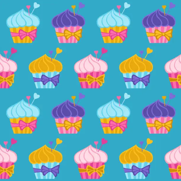 Vector illustration of Cupcakes abstract seamless pattern muffin bakery trendy boundless print background repeating texture