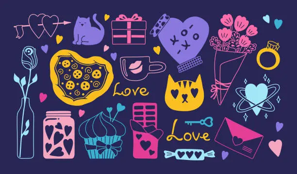 Vector illustration of Valentine's Day set symbol romantic elements present flower bouquet icon love concept sign vector