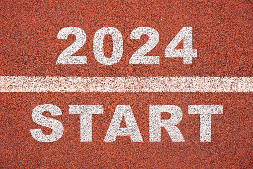 New beginnings concept. white starting line. word start and finish on a running track in a stadium. top view. Business goal and target concept. Start a new chapter concept.
