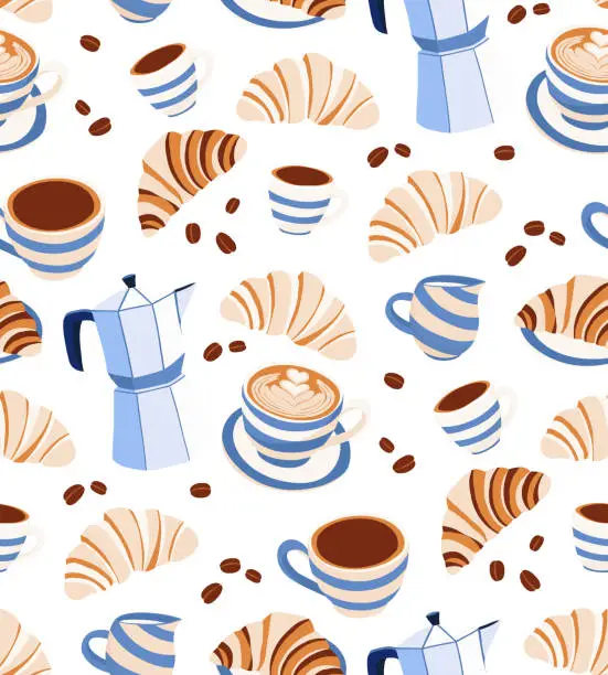 Vector illustration of Coffee Desserts croissant Seamless Pattern. Tropical Theme