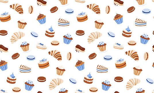 Desserts Seamless Pattern croissant, macaroon, eclair, cupcake, biscuit, chocolate. Background Vector illustration, flat style. Design Textile Print, Packaging, Kitchen Accessories or stationery