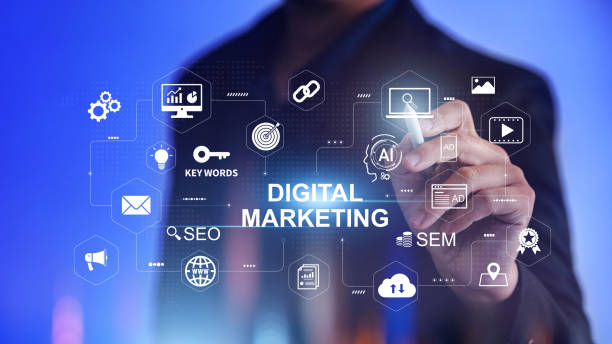istock Digital marketing business technology. Website advertisement email social media network, SEO, SEM video and mobile application icons in virtual screen. 2020375985