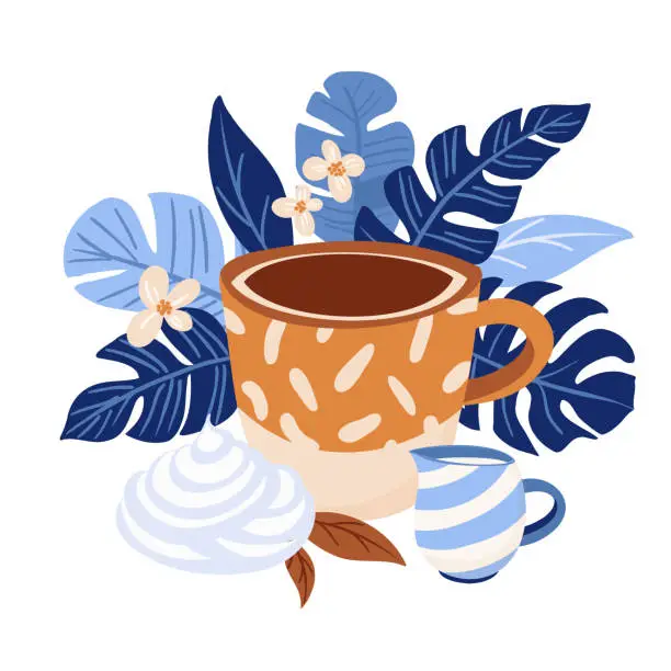 Vector illustration of Coffee and Cream Illustration with Blue Tropical Foliage