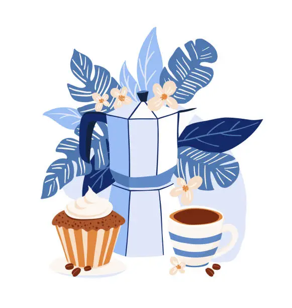 Vector illustration of Moka Pot Coffee and Cupcake Vector Illustration in Blue Tones Tropical Theme