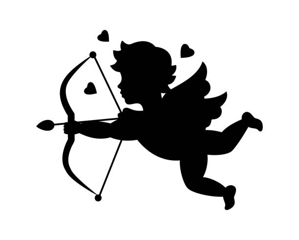 ilustraciones, imágenes clip art, dibujos animados e iconos de stock de cupido disparando flecha. silueta de querubín. día de san valentín. símbolo de amor. ilustración vectorial. - valentines day silhouette white background bow