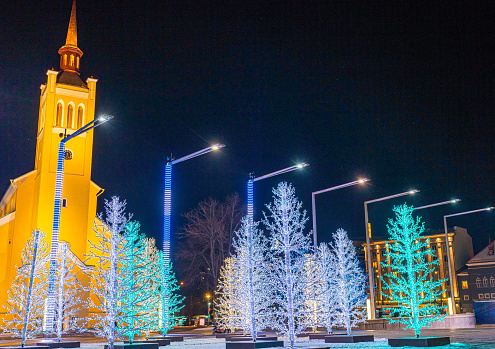Christmas tree in snowy town square - Tallinn