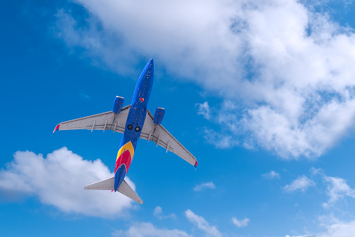 Miami, USA -February 14, 2024: Southwest Airlines airplane (Boeing 737-7H4) taking off from Miami International Airport. Southwest is one of the major airlines of the United States and the world's largest low-cost carrier.