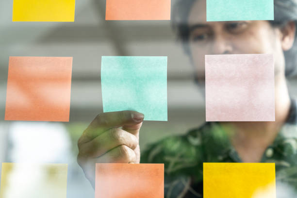 Freelance artist man with idea on adhesive notes