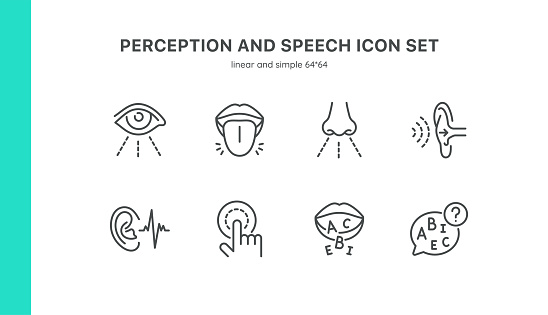 Perception and Speech Icon Set. Thin Linear Illustrations of Vision, Hearing, Taste, Smell, Touch, Communication. Isolated Vector Signs.