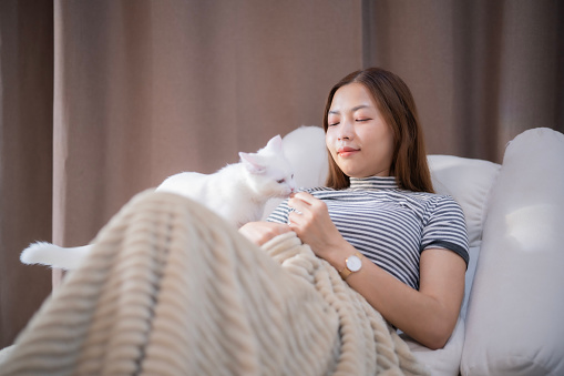 Young Asian beautiful woman layon sofa bed in living room, feeding her cat snack with relaxation with atmosphere and smile of happiness at home garden, relax activity at home.