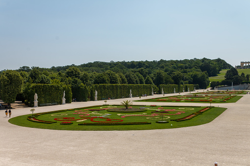 The symmetric gardens and the facade of the summer Schönbrunn palace in Vienna, Austria.