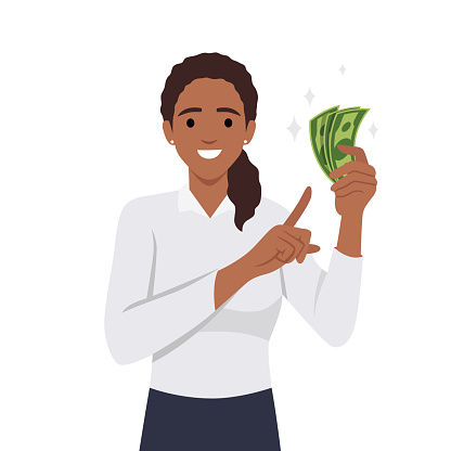 Young woman holding cash/currency/money in hand and pointing towards that. Flat vector illustration isolated on white background