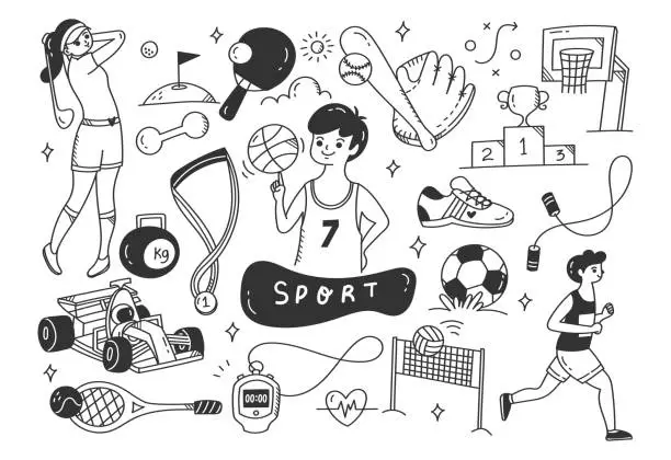 Vector illustration of Set of hand drawn sport equipment, athlete related object